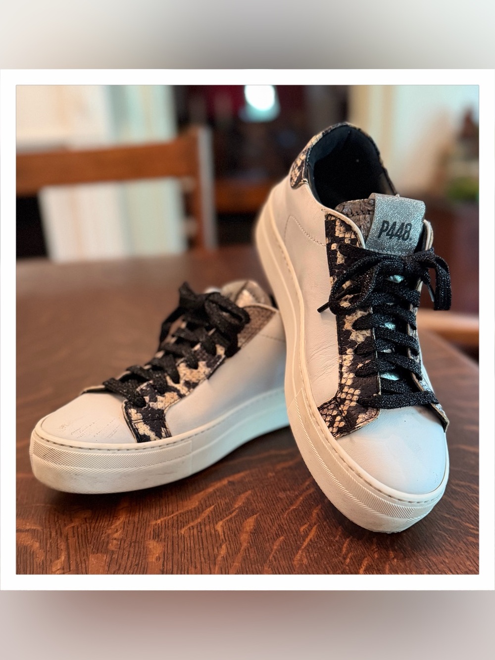 P448 White Leather Sneakers with Black Snakeskin Accents